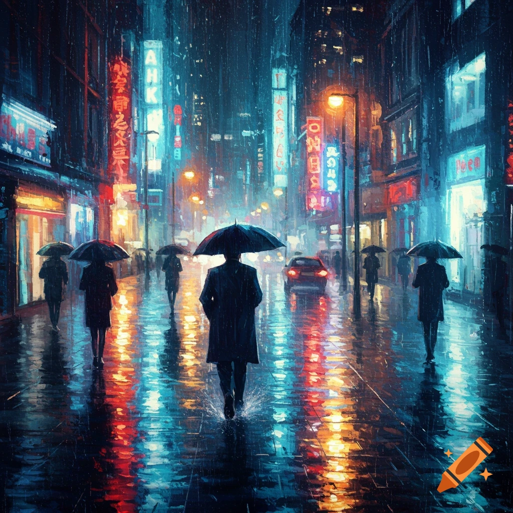 Painterly depiction of a rainy city street at night with people walking under umbrellas and colorful neon signs reflecting on the wet pavement.