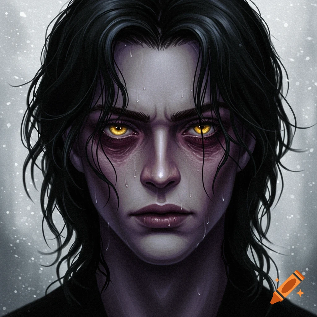 A close-up portrait of a pale-skinned man with wet, dark hair, glowing yellow eyes, dark circles, and purple swelling under his eyes, with droplets on his face.