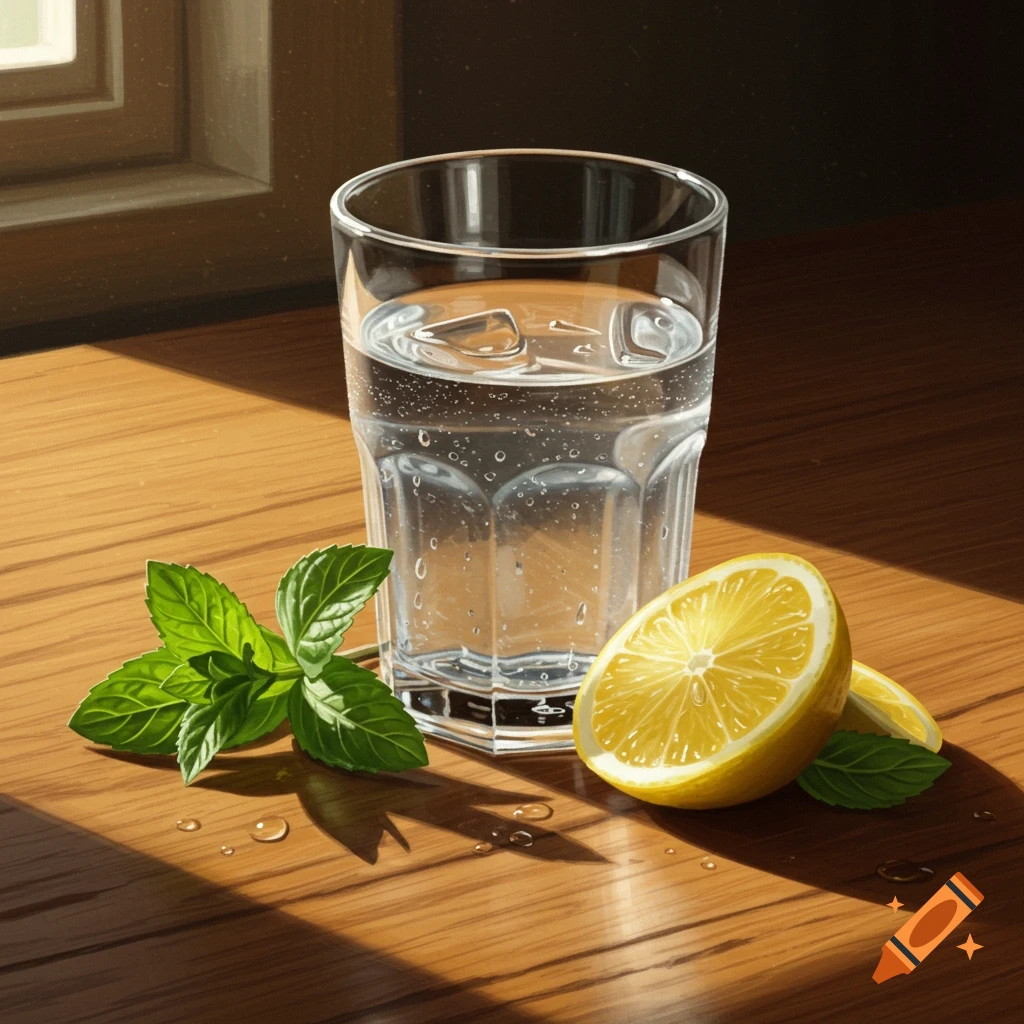 A glass of water with ice, a sliced lemon, and fresh mint leaves on a sunlit wooden table.