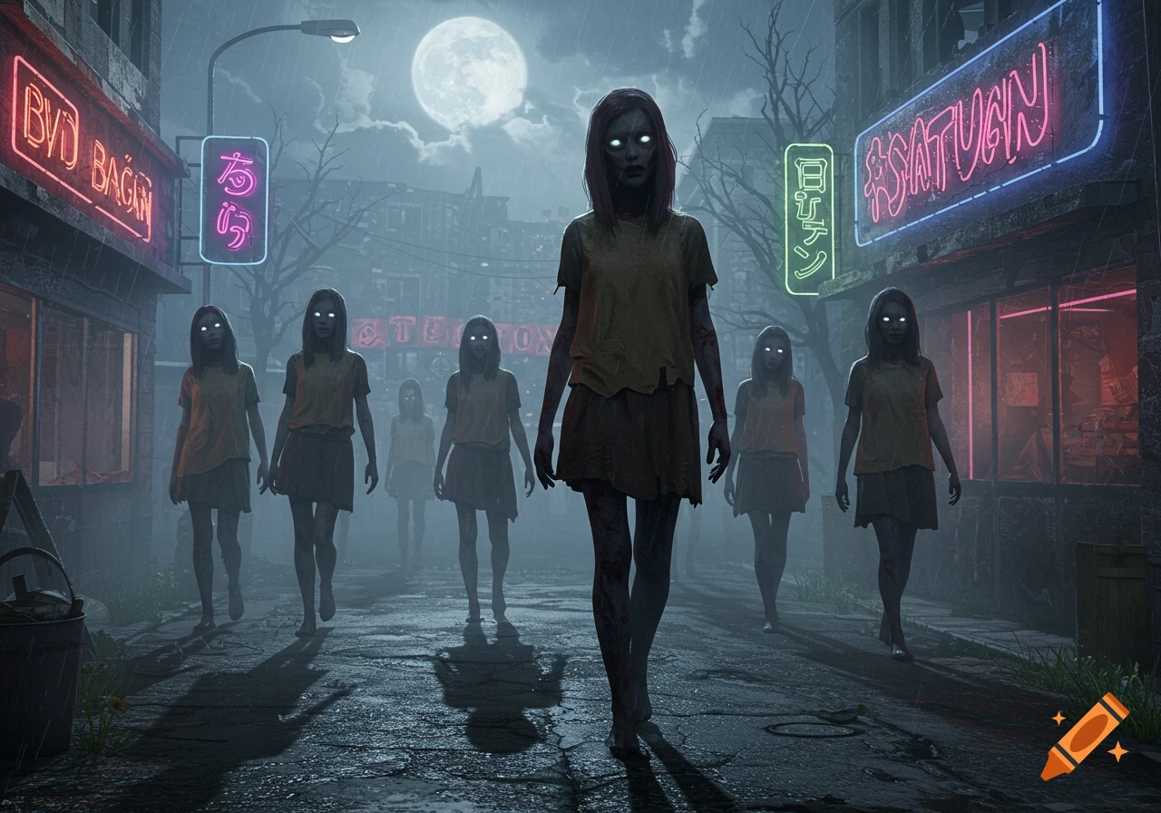 A line of zombie-like girls with glowing white eyes walk down a rainy city street at night, illuminated by a full moon and neon signs.