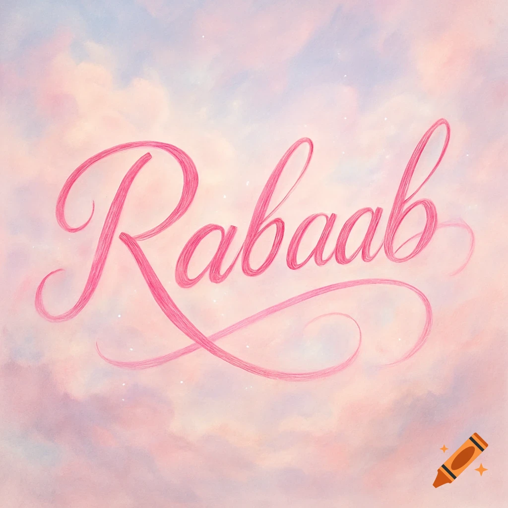 Pink cursive text 'Rabaab' on a soft pastel background with clouds.