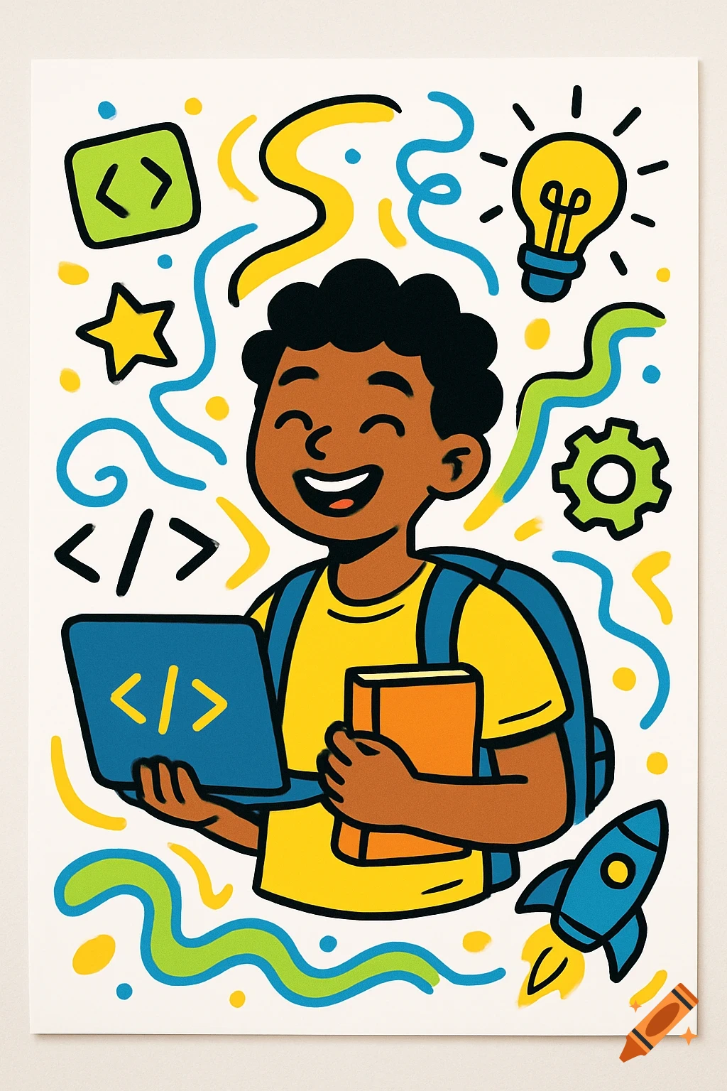 A happy young student holds a laptop with code symbols and a book, surrounded by colorful abstract shapes and icons like a lightbulb and rocket. Child-friendly illustration.