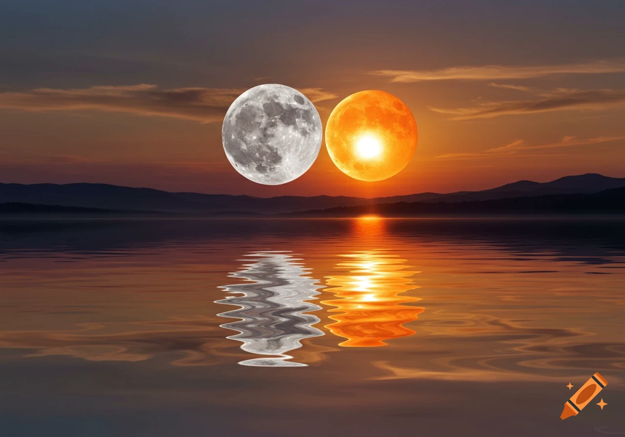 A full moon and a bright orange sun-like sphere are side-by-side in a twilight sky above a lake with distant mountains. Their reflections ripple in the water below.