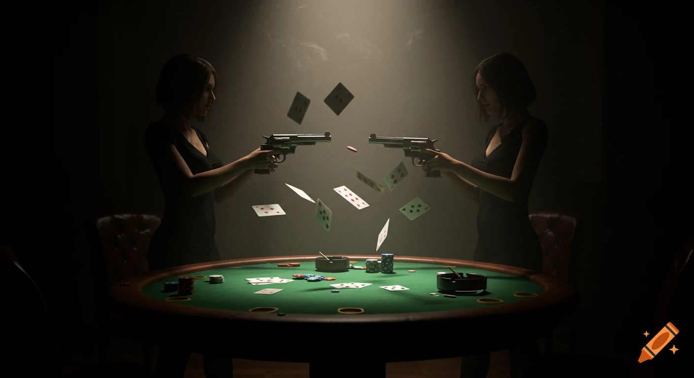 Two shadowy women point revolvers at each other across a poker table with flying cards in dramatic noir lighting.