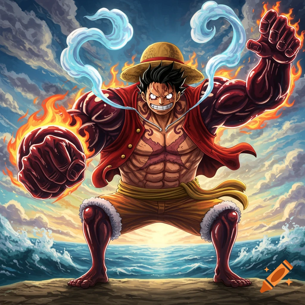 Anime illustration of Monkey D. Luffy in Gear 5, powerful and muscular, on a beach with fire and smoke, ocean background.