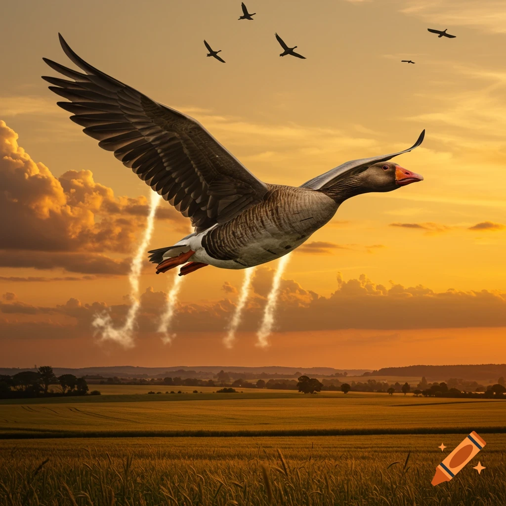 A large goose flies over a golden field at sunset, leaving smoke trails like a bomber plane.