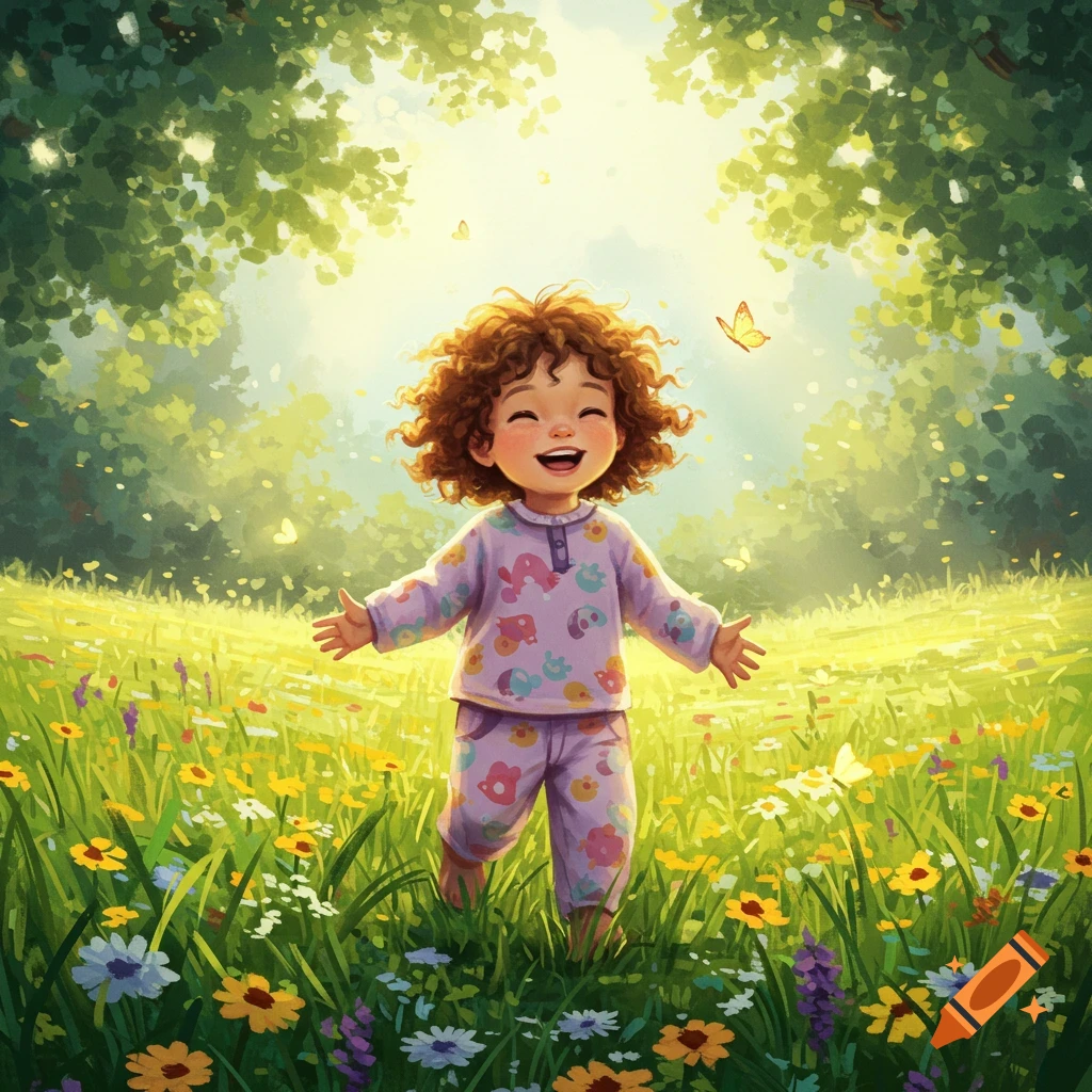 Happy child with curly hair in patterned pajamas, running joyfully through a sunlit meadow of colorful wildflowers and butterflies. Illustrated.