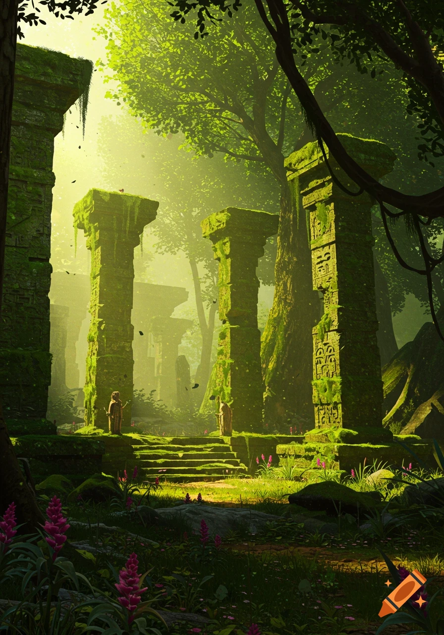 Lush green moss covers ancient stone temple ruins with intricate carvings, bathed in bright sunlight filtering through dense jungle foliage.