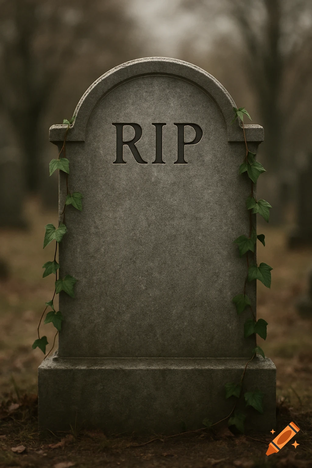 A grey tombstone with "RIP" carved into it, adorned with green ivy, in a dimly lit graveyard setting.