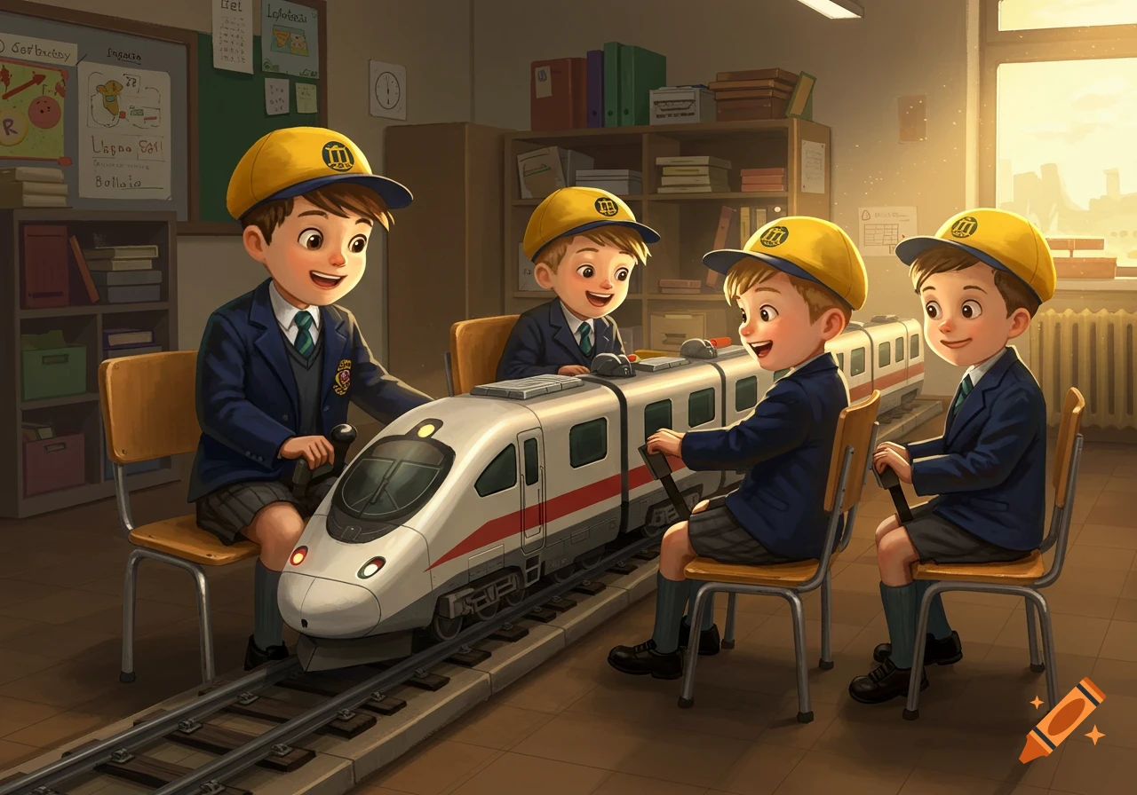 Four boys in school uniforms and yellow caps play with a model high-speed train in a classroom.