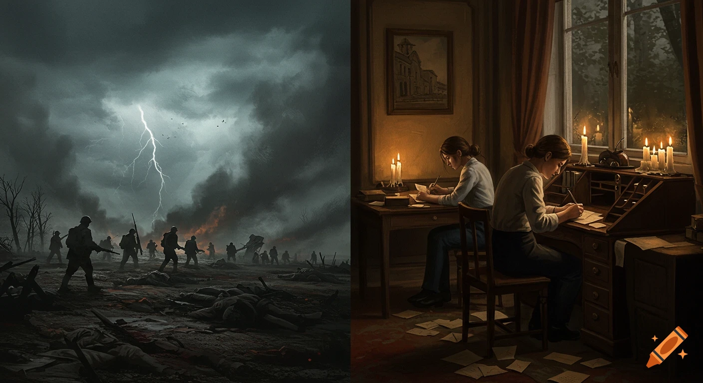Split image: stormy battlefield with silhouetted soldiers and lightning on left; two women writing letters by candlelight in a dim, period room on right.