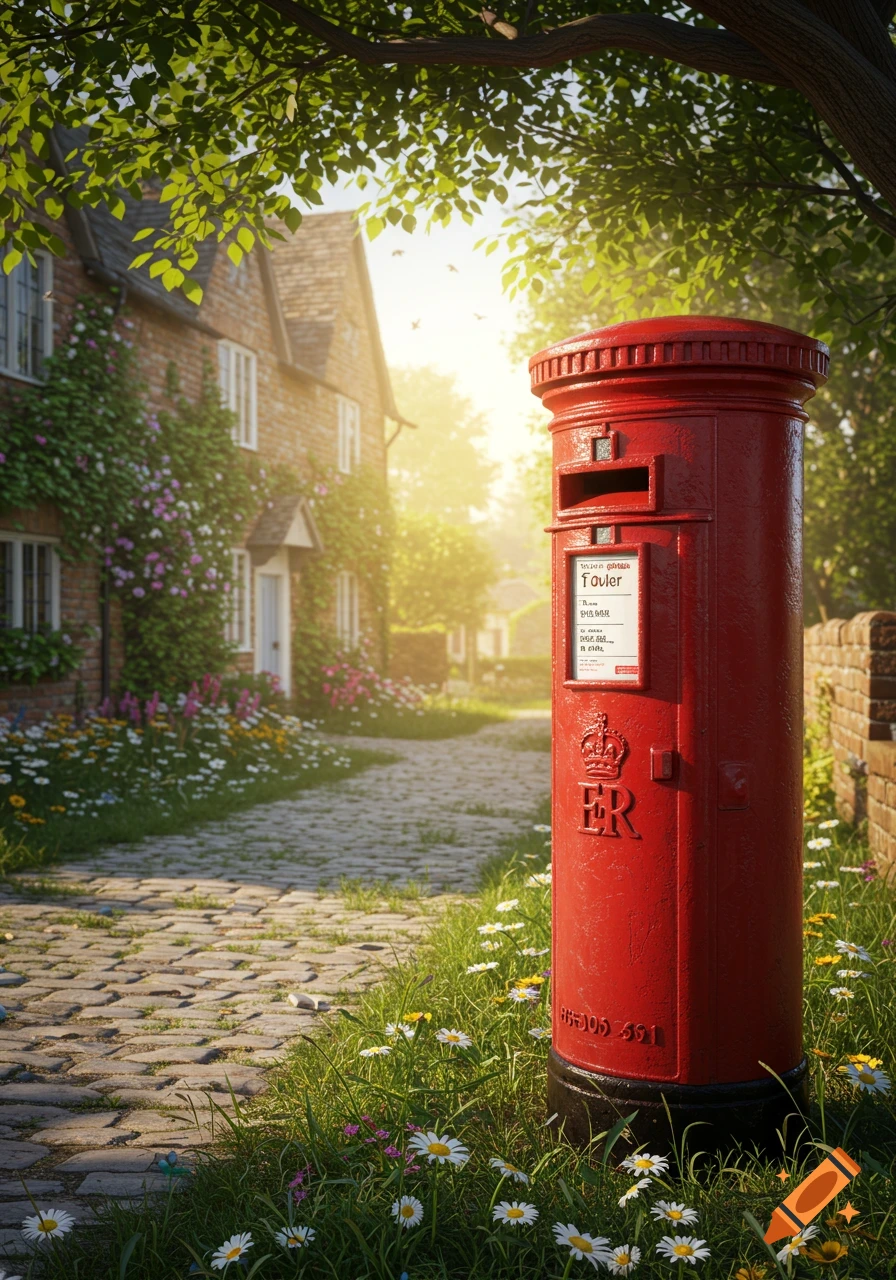 A vibrant red British post box stands in the foreground, amidst green grass and white daisies, with a cobblestone path leading to a rustic house covered in ivy and flowers in the sunny background. Photorealistic style.