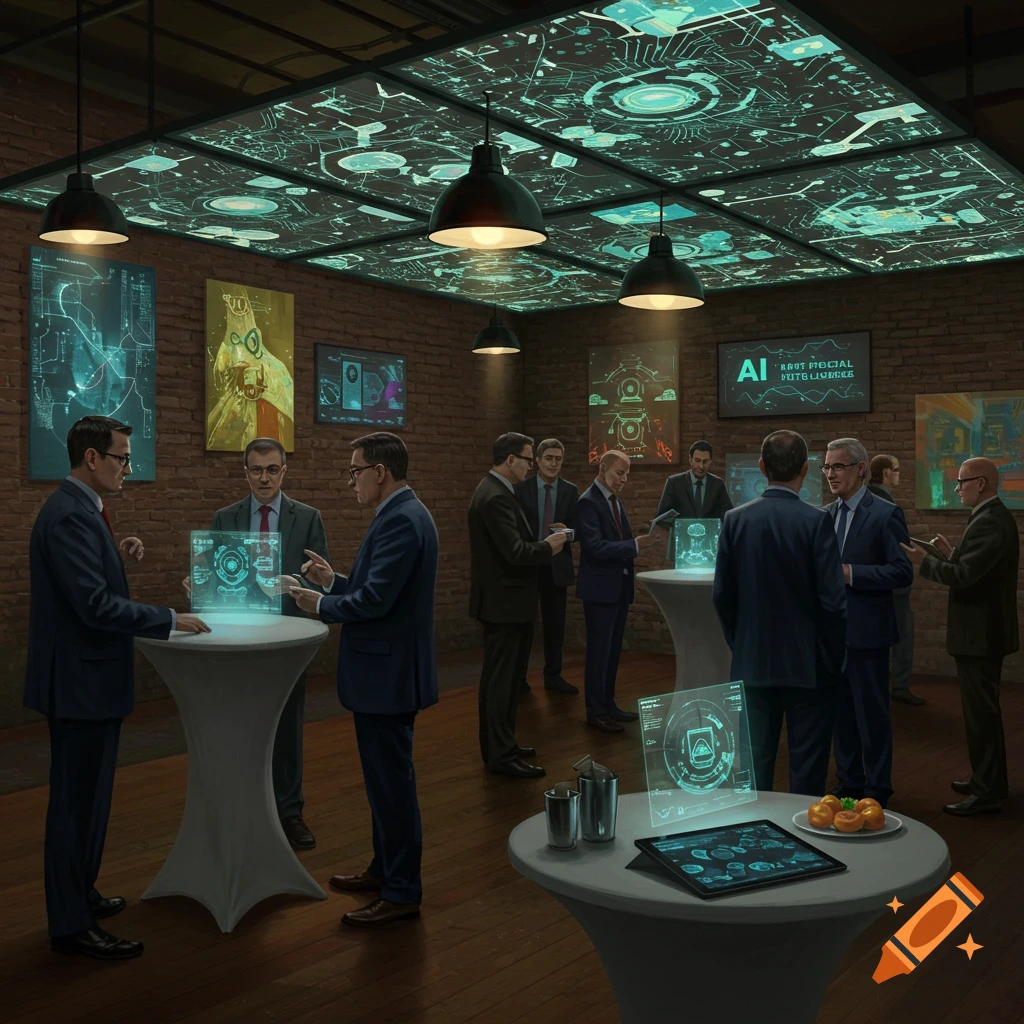 Business leaders in suits network at a tech event with holographic displays and circuit board patterns on the ceiling.