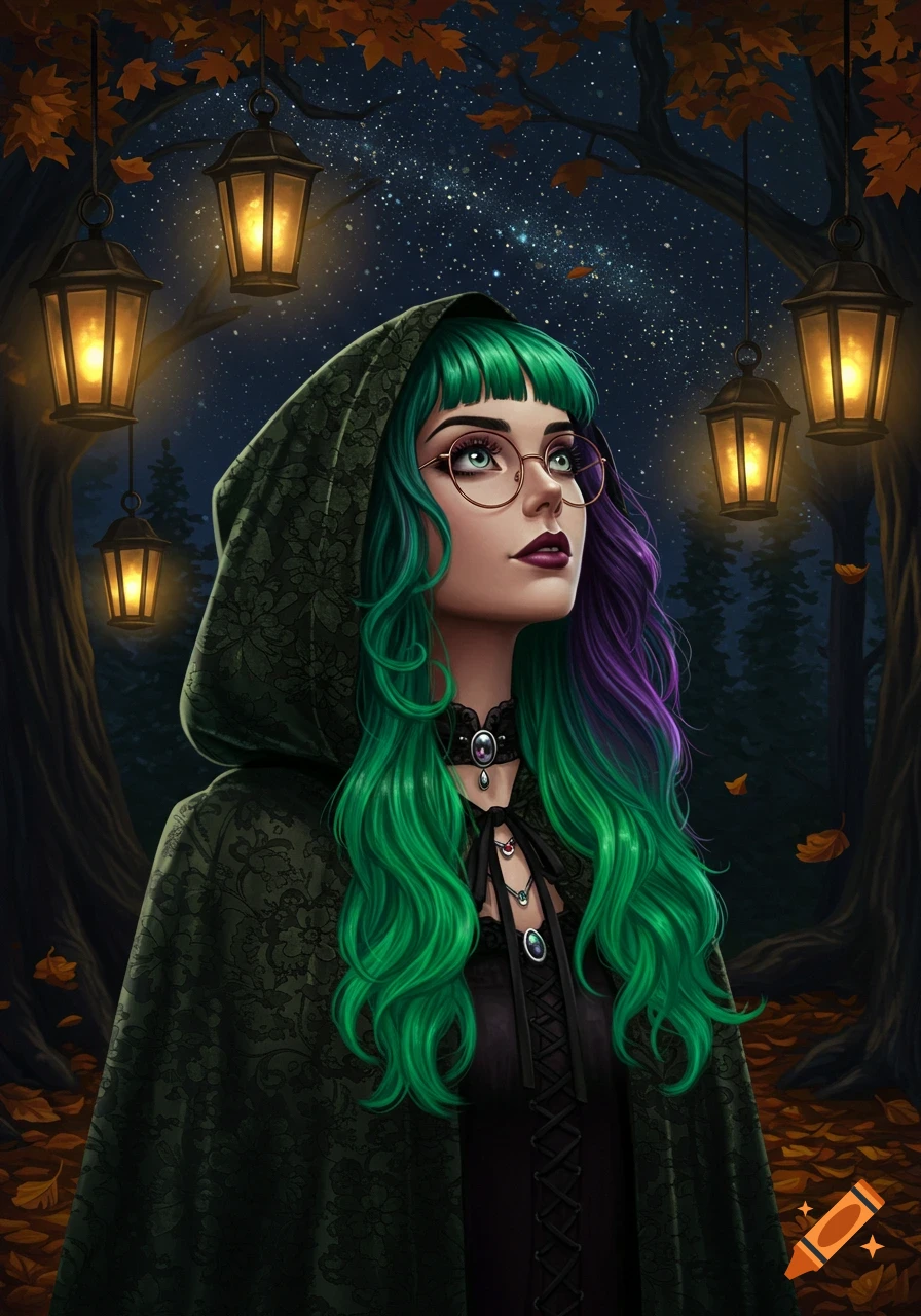 Digital painting of a gothic woman with green and purple hair, glasses, and a hooded cloak, looking up at a starry night in an autumn forest with lanterns.