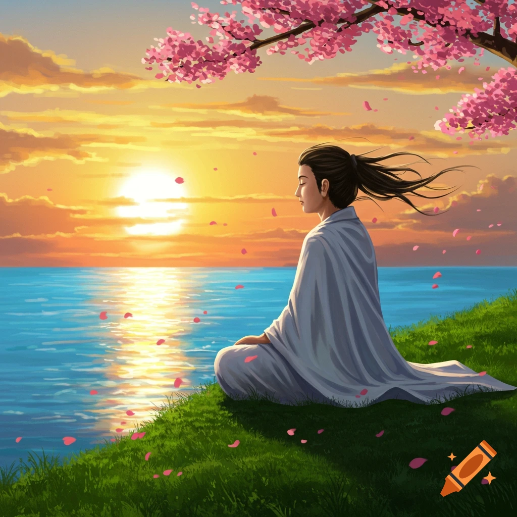 Anime-style person meditates on a grassy hill by the sea at sunset under a cherry blossom tree, with petals falling.