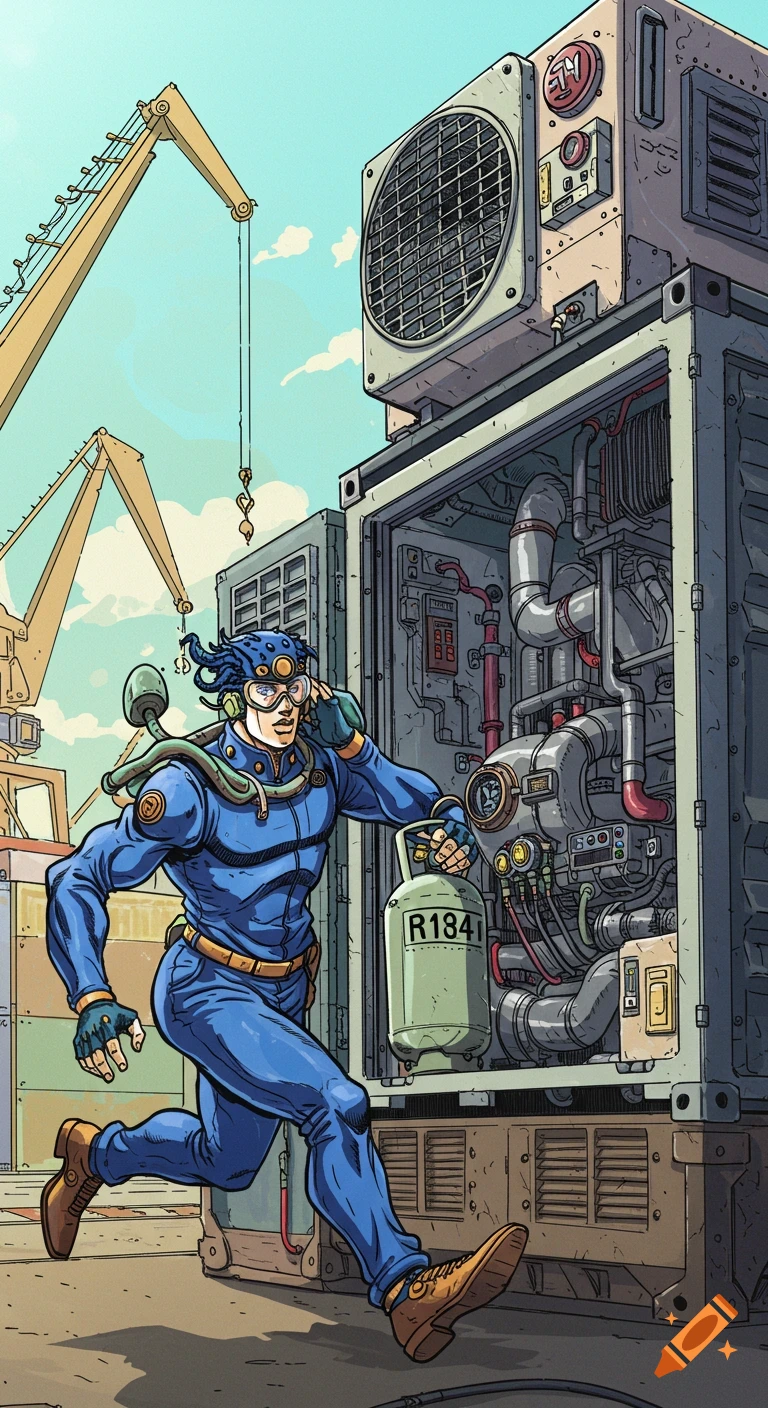 A JoJo's Bizarre Adventure-style anime illustration of a reefer engineer in a blue jumpsuit running at an industrial port.