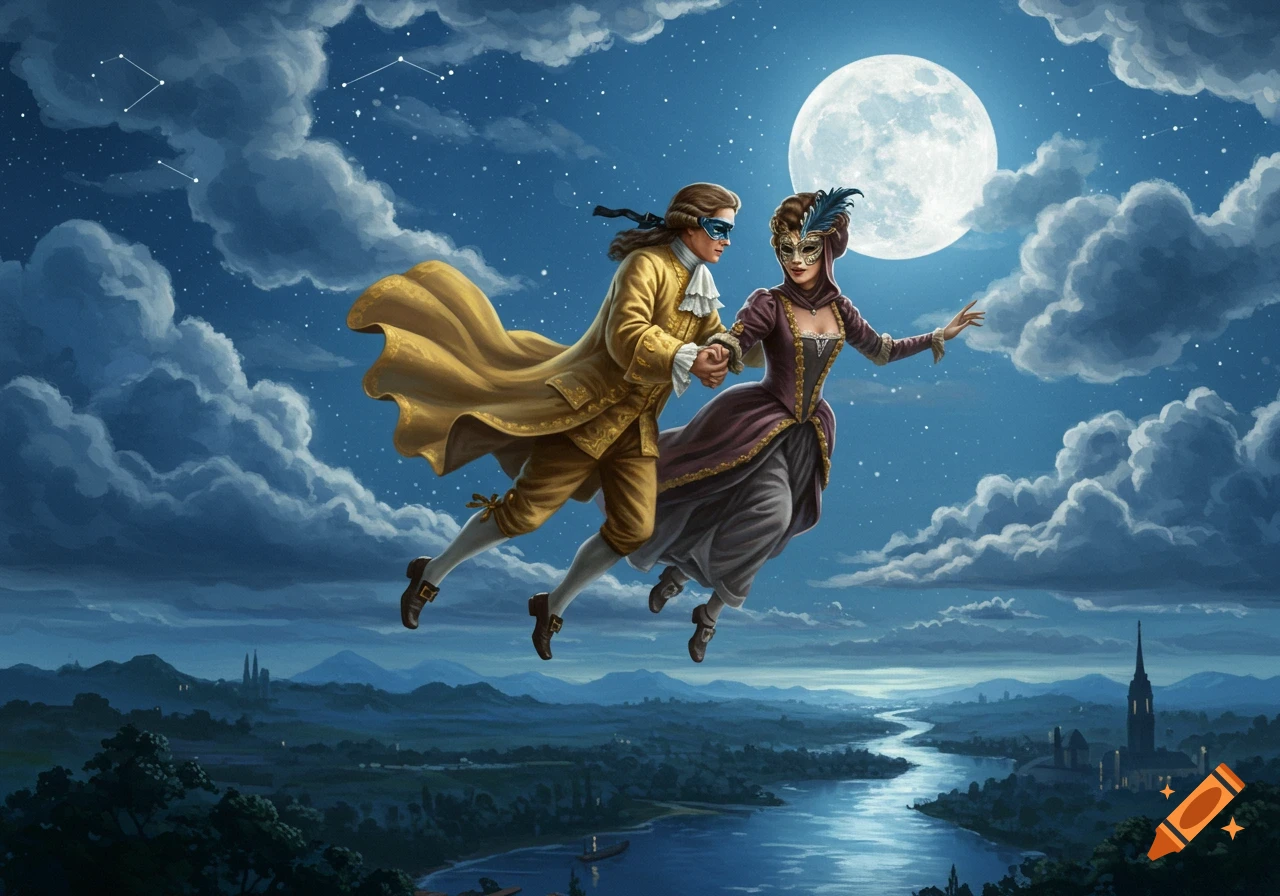 A masked 17th-century couple, holding hands, soars through a bright moonlit night sky above a river and village.
