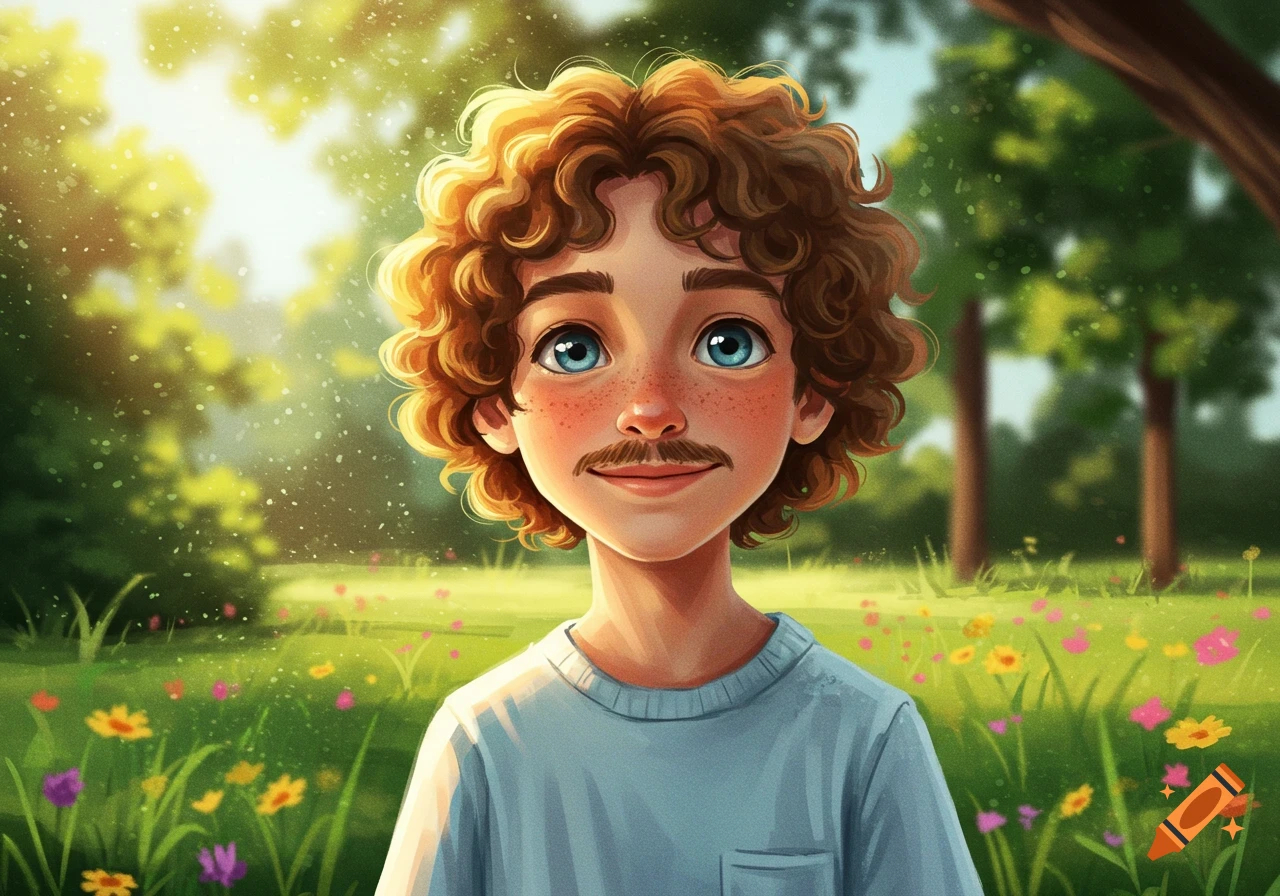 Cartoon illustration of a smiling boy with curly brown hair and a mustache in a sunny, flower-filled field.