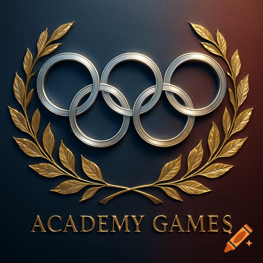 A metallic silver Olympic-style ring emblem with a golden laurel wreath, set against a dark background, with 'ACADEMY GAMES' text below.