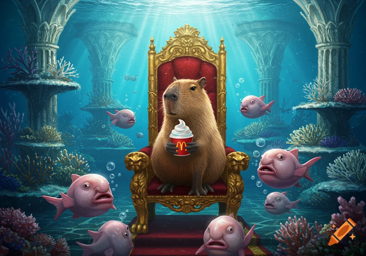 A majestic capybara sits on an ornate golden throne underwater, eating a McDonald's McFlurry, surrounded by curious, wide-mouthed blob-fish.