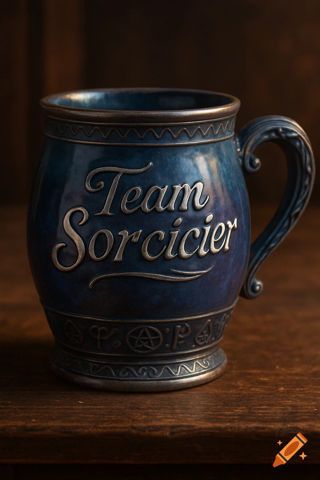 A blue, ornate metallic mug with 'Team Sorcicier' embossed in silver, resting on a dark wooden table. Photorealistic style.