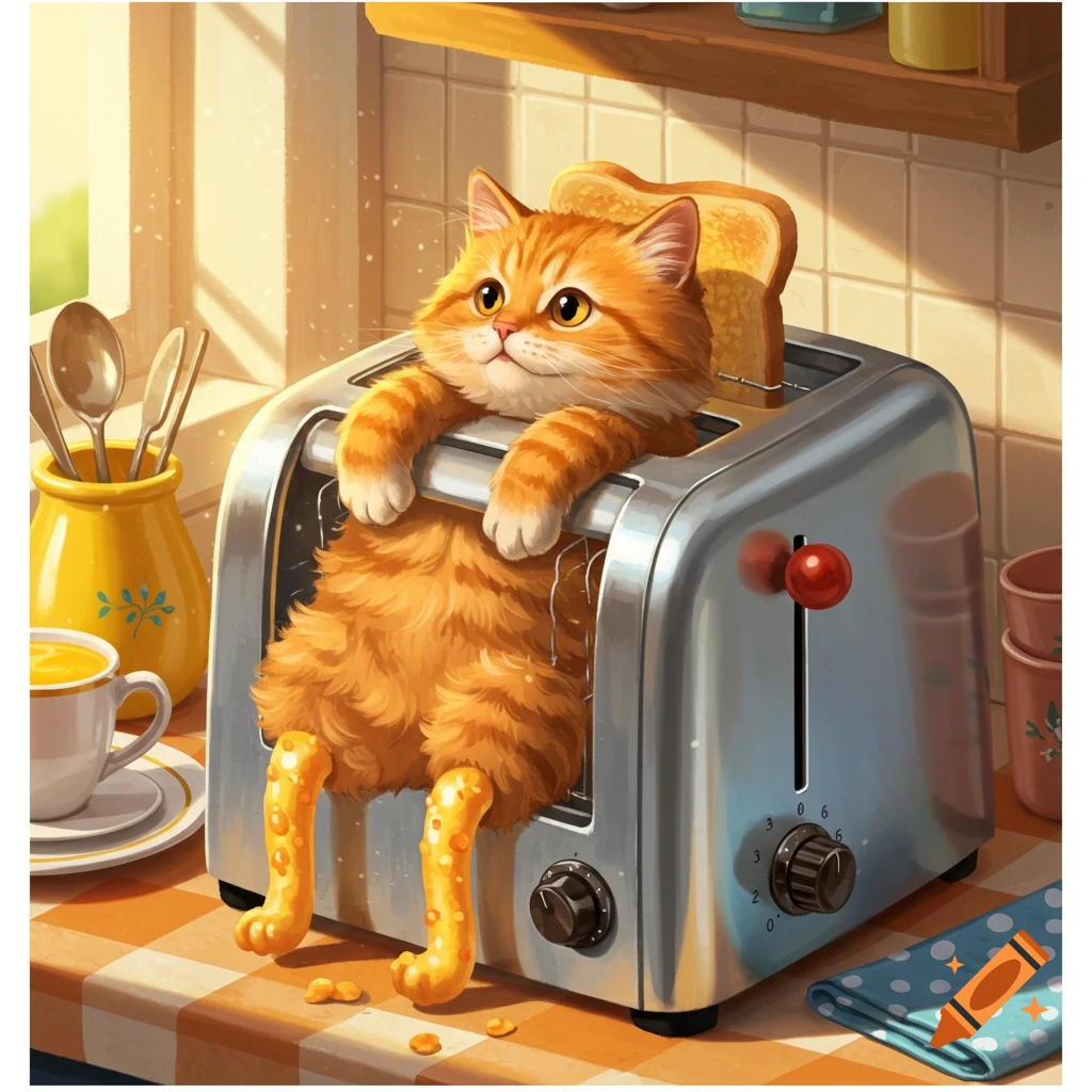 A fluffy orange cat peeking out of a toaster, with golden, fry-like legs dangling out, in a sunlit kitchen. Cartoon style.