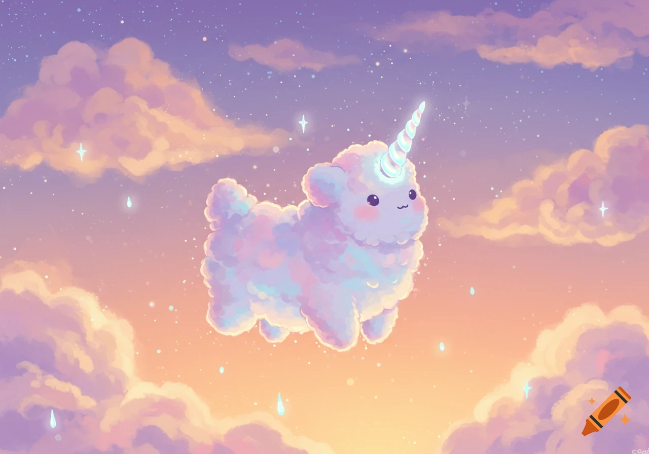 A cute, fluffy, pastel cloud unicorn with rosy cheeks floats in a dreamy sky with soft clouds and sparkling stars.