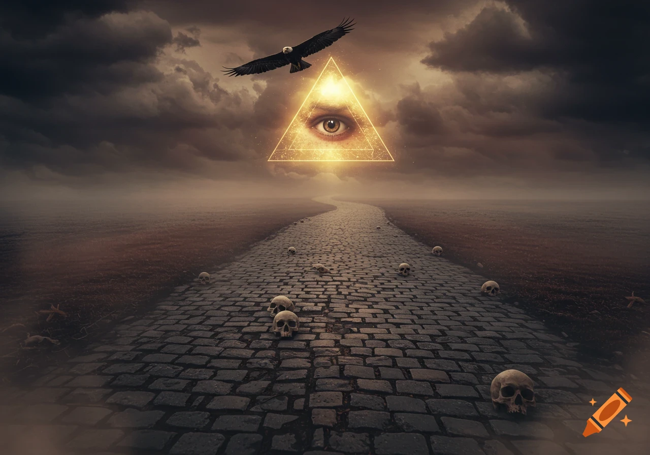 A dark, mystical cobblestone path littered with skulls leads towards a glowing eye in a triangle. An eagle soars above dark, cloudy skies.
