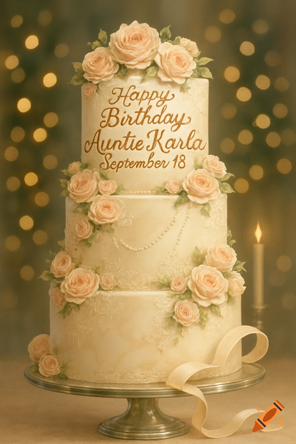 A three-tier birthday cake decorated with pink roses and lace, with 'Happy Birthday Auntie Karla September 18' written on the top tier.