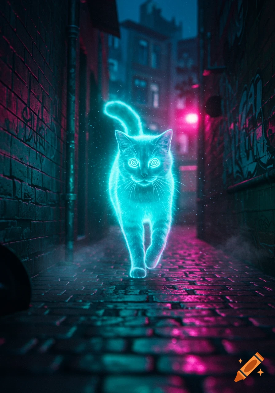 A glowing turquoise neon cat with spiraled eyes walks down a dark, wet alleyway with pink and blue lights.