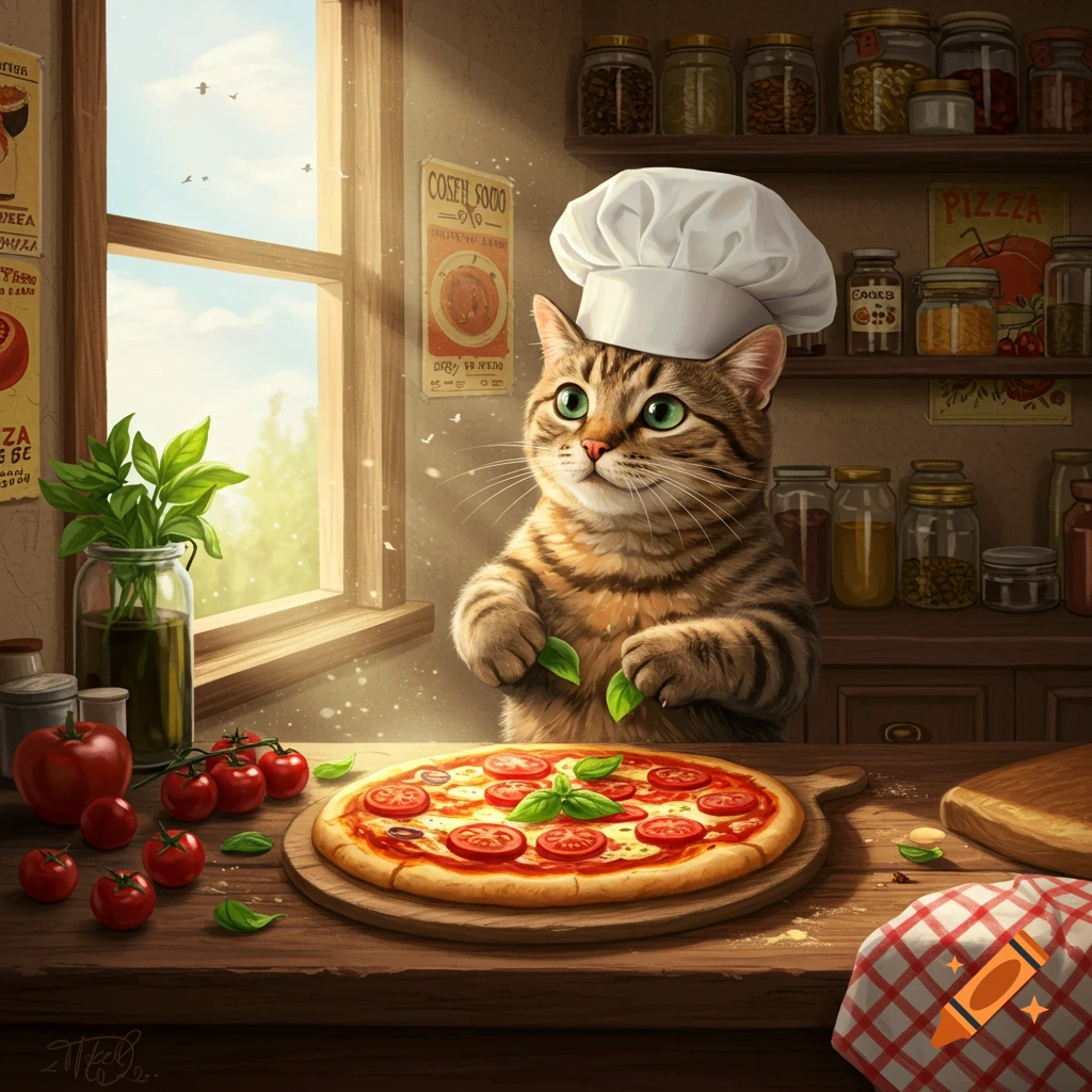 A cute tabby cat wearing a chef's hat prepares a pizza with tomatoes and basil on a wooden counter in a sunny kitchen, digital art.