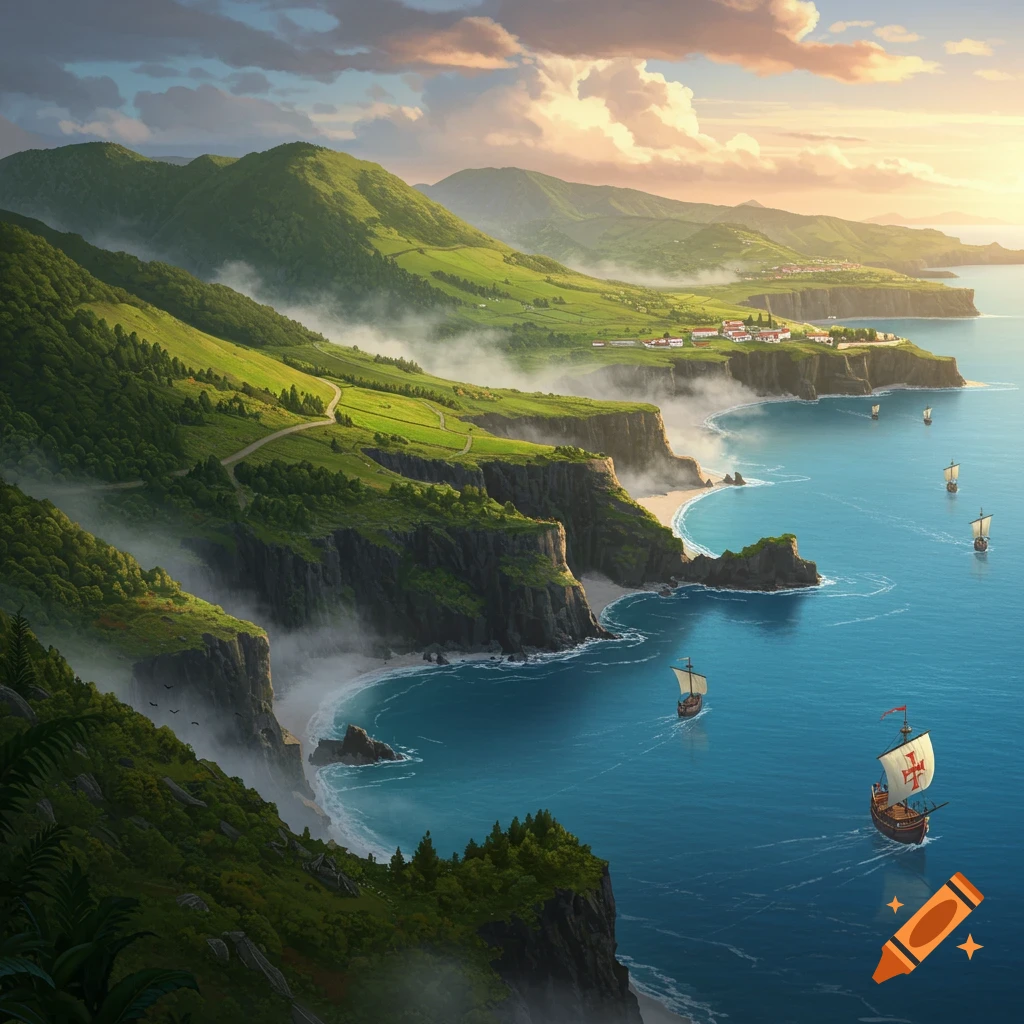 Vast coastal landscape with green hills, rugged cliffs, sandy beaches, and blue ocean with historical sailing ships at sunset.