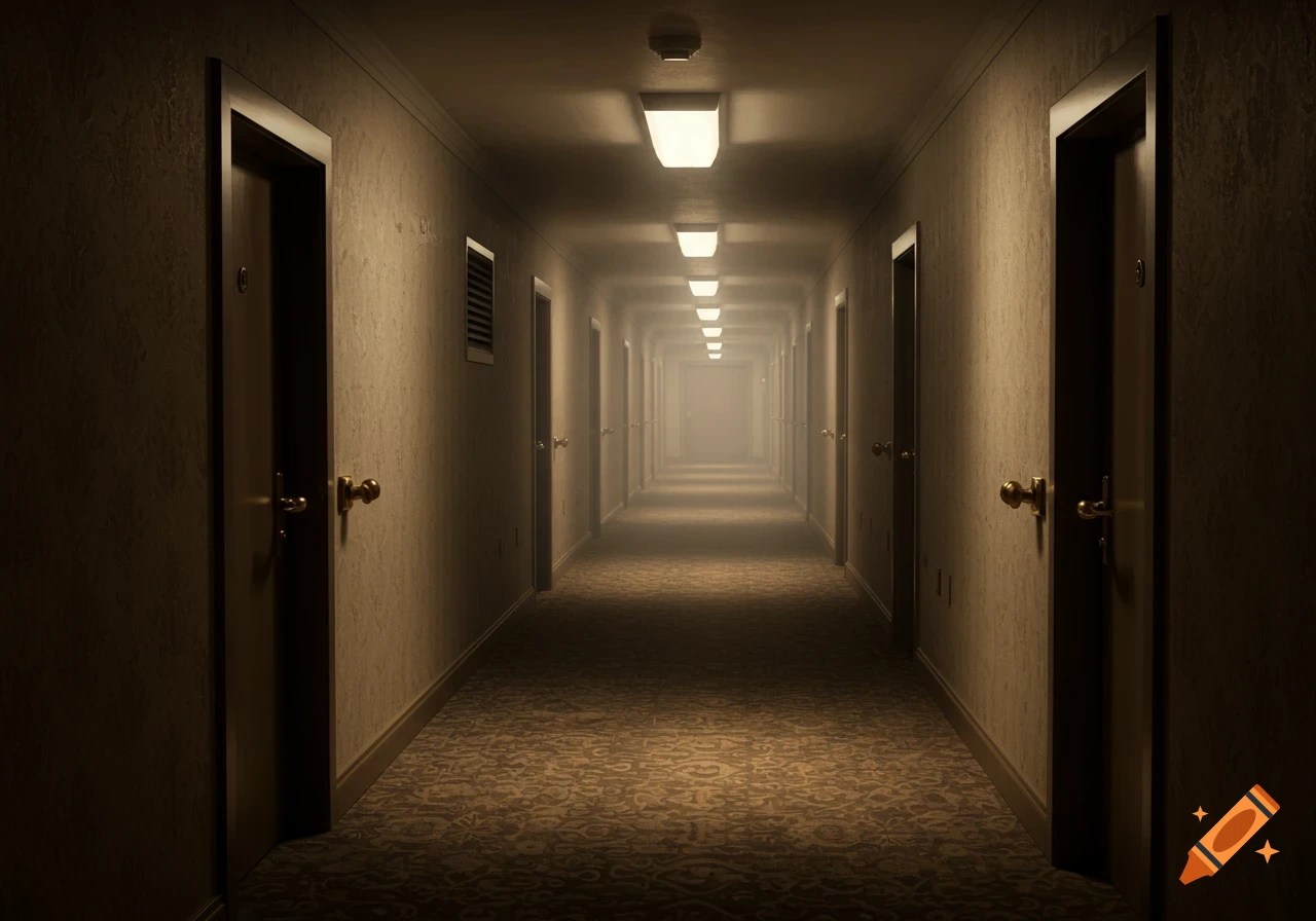 A long, dimly lit hotel hallway stretches into the hazy distance with doors lining both sides, creating a liminal atmosphere.
