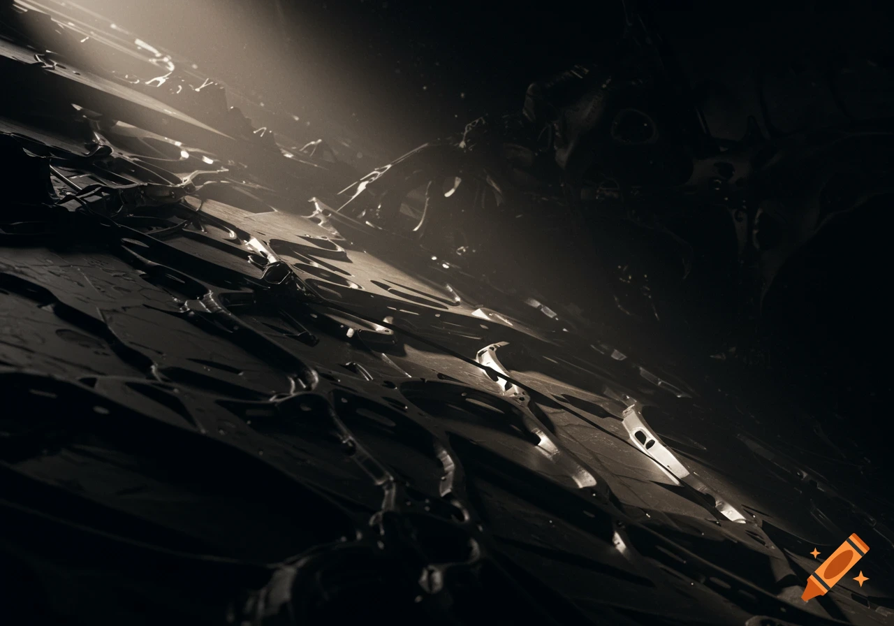 A dark, moody abstract background with detailed, textured surfaces illuminated by dramatic cinematic lighting and strong shadows.