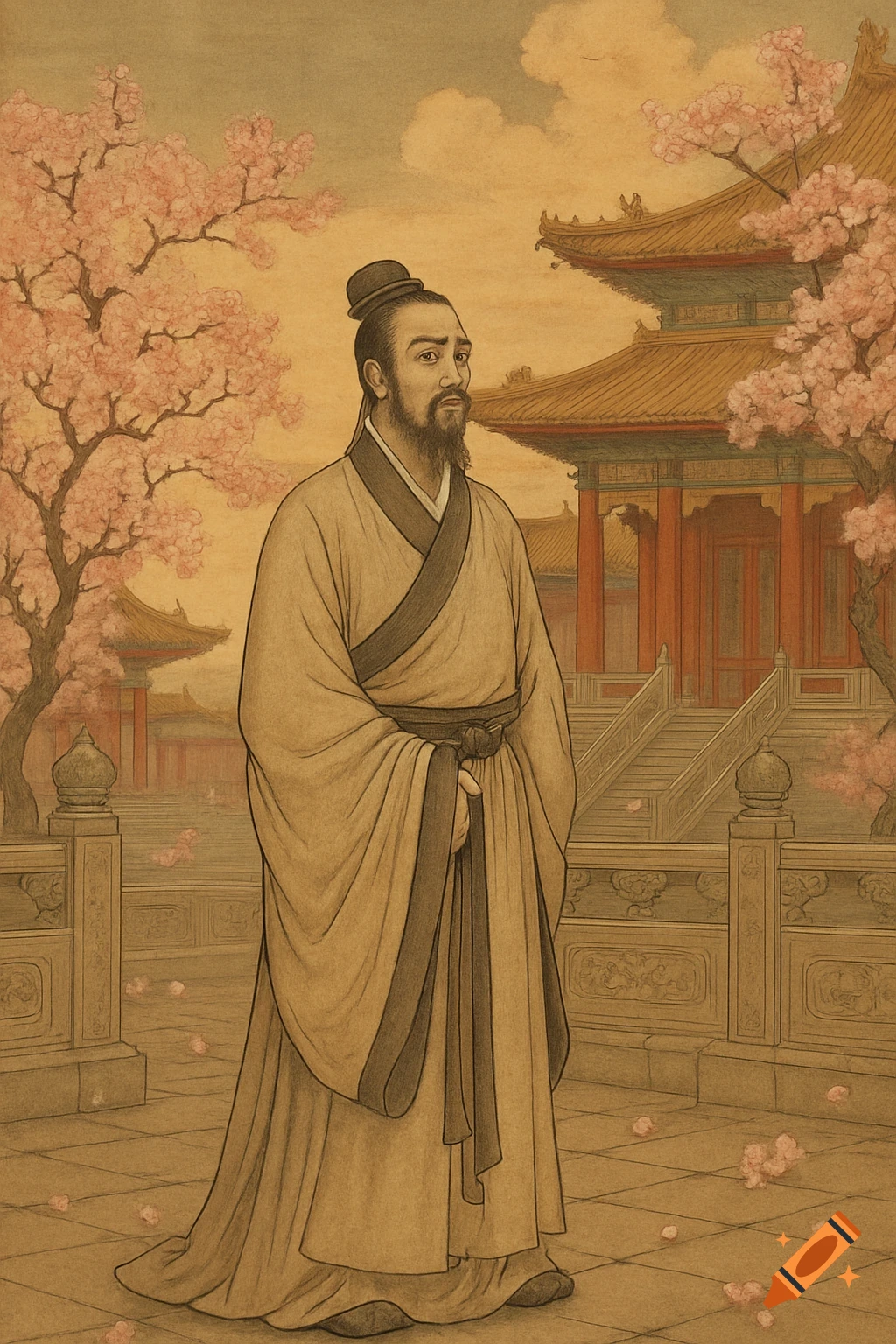 A man in traditional Chinese robes stands before ornate temple buildings and cherry blossom trees, depicted in a muted, hand-drawn style.
