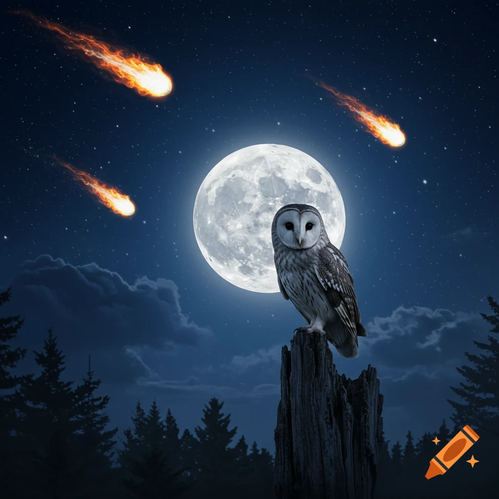 A photorealistic owl perches on a tree stump at night, with a bright full moon and three meteors in the starry sky above a dark forest.