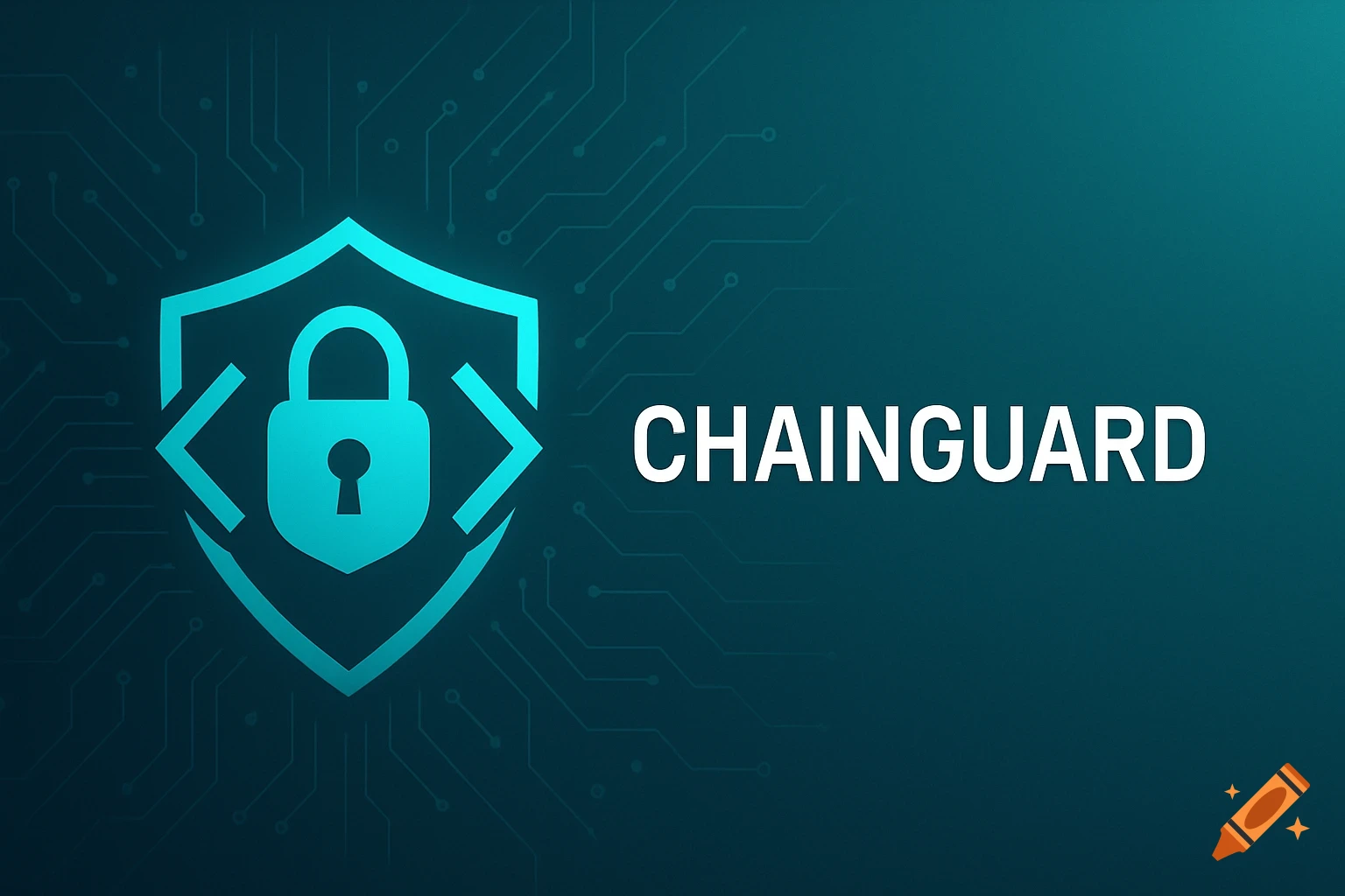 A digital illustration of a glowing blue shield with a padlock and the word CHAINGUARD on a teal circuit board background.