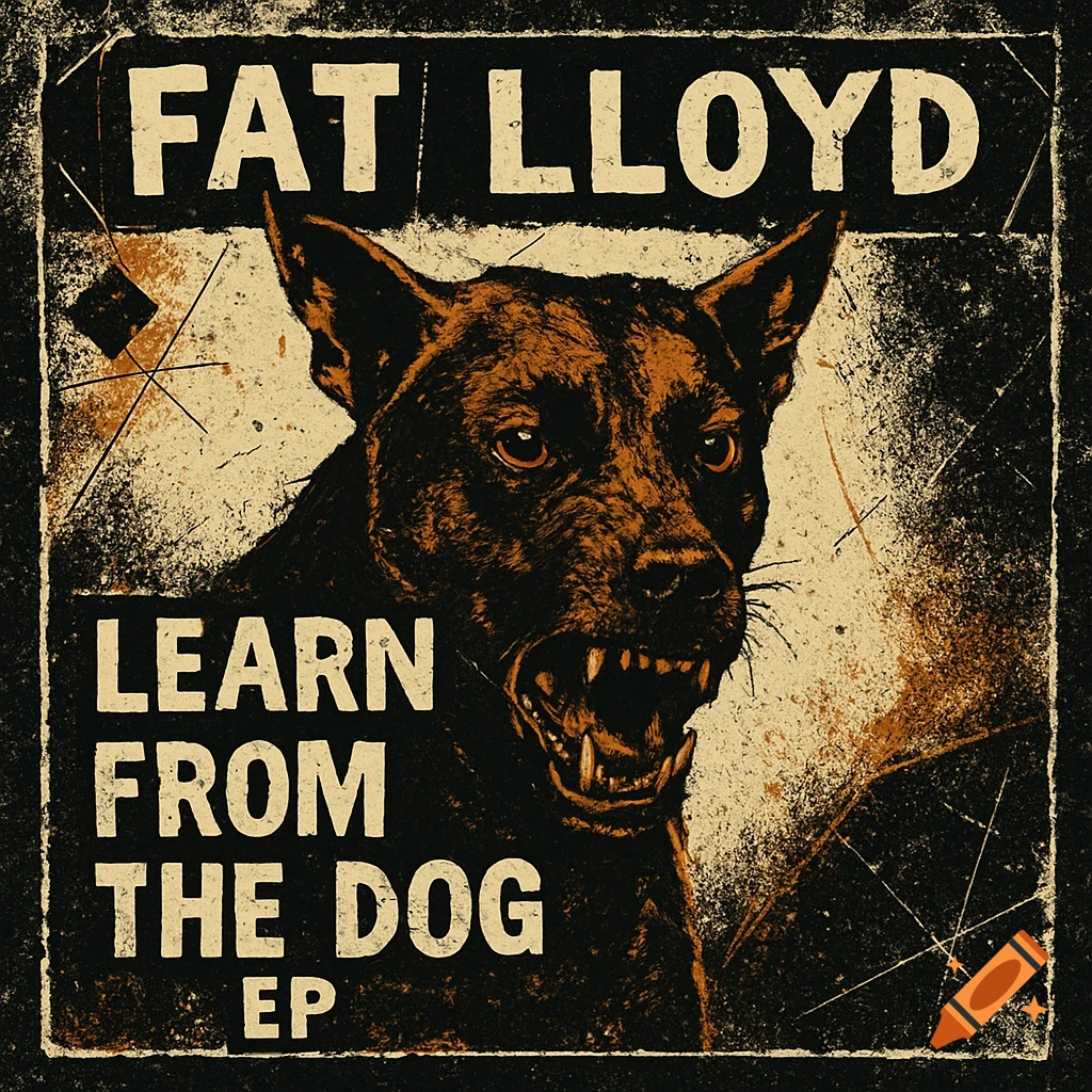 Distressed, dark illustration of a snarling dog with bared teeth, featuring text 'FAT LLOYD LEARN FROM THE DOG EP' in a grunge style.