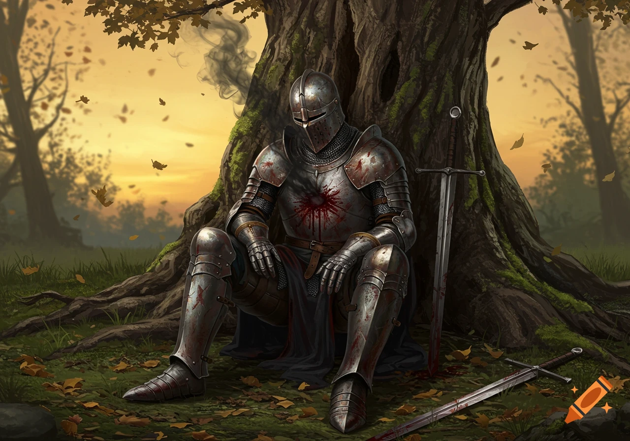 A wounded medieval knight in bloody armor sits against a large tree, smoke rising from his chest wound, with swords nearby, in a detailed digital painting.