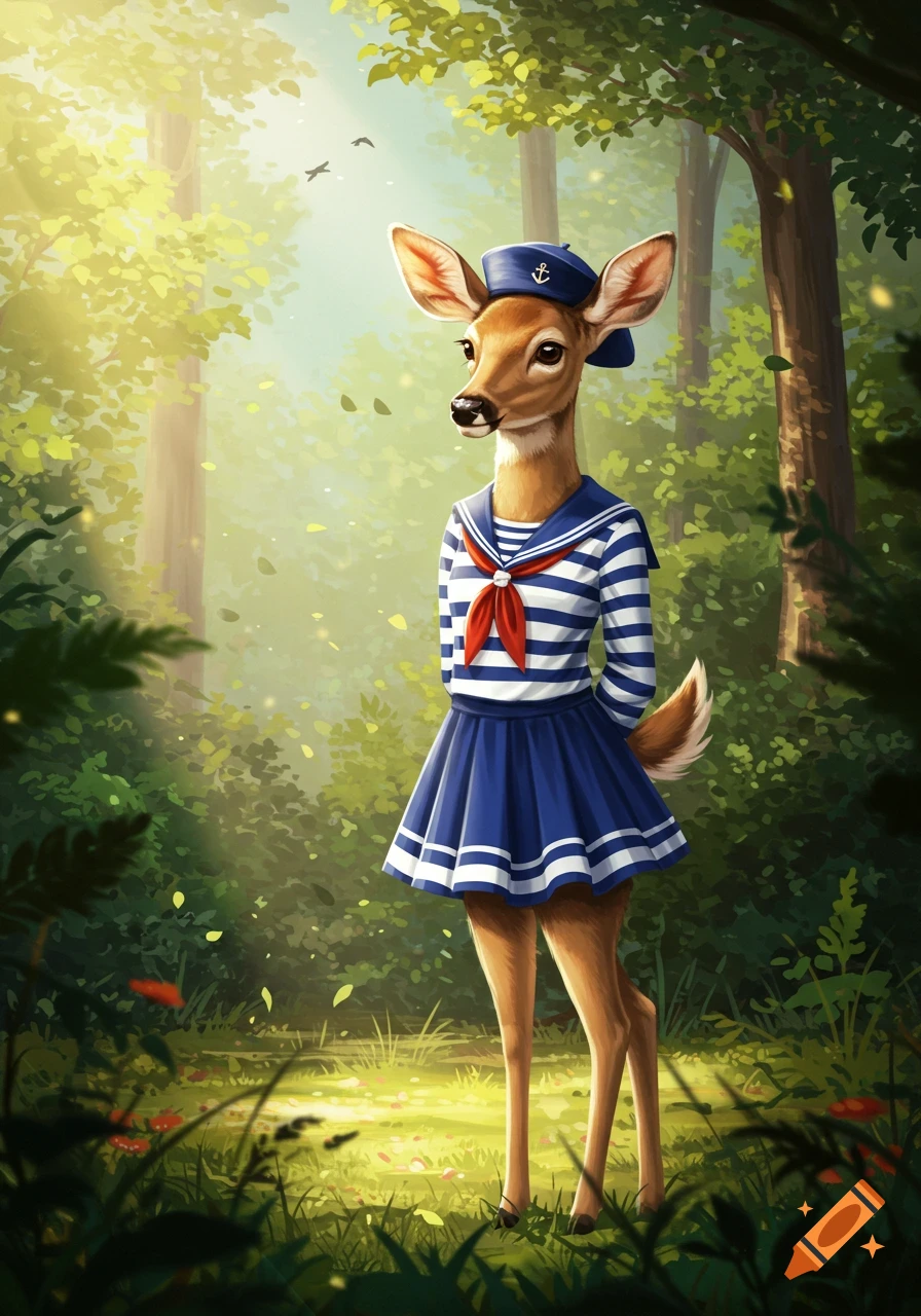 A digital illustration of an anthropomorphic deer wearing a blue and white sailor uniform and hat, standing in a sunlit forest.
