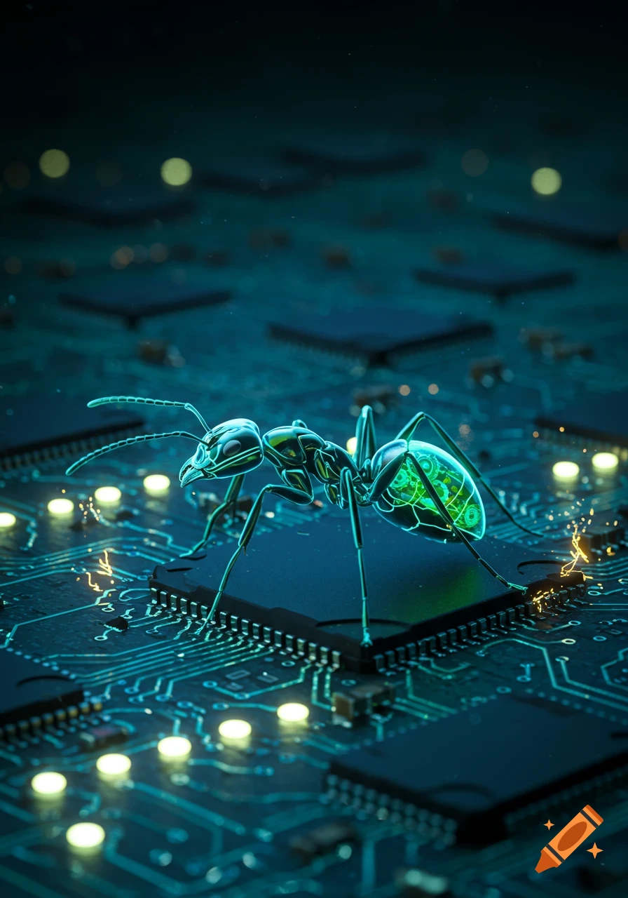 A close-up view of a glowing, futuristic ant standing on a detailed blue circuit board with sparkling electrical currents.