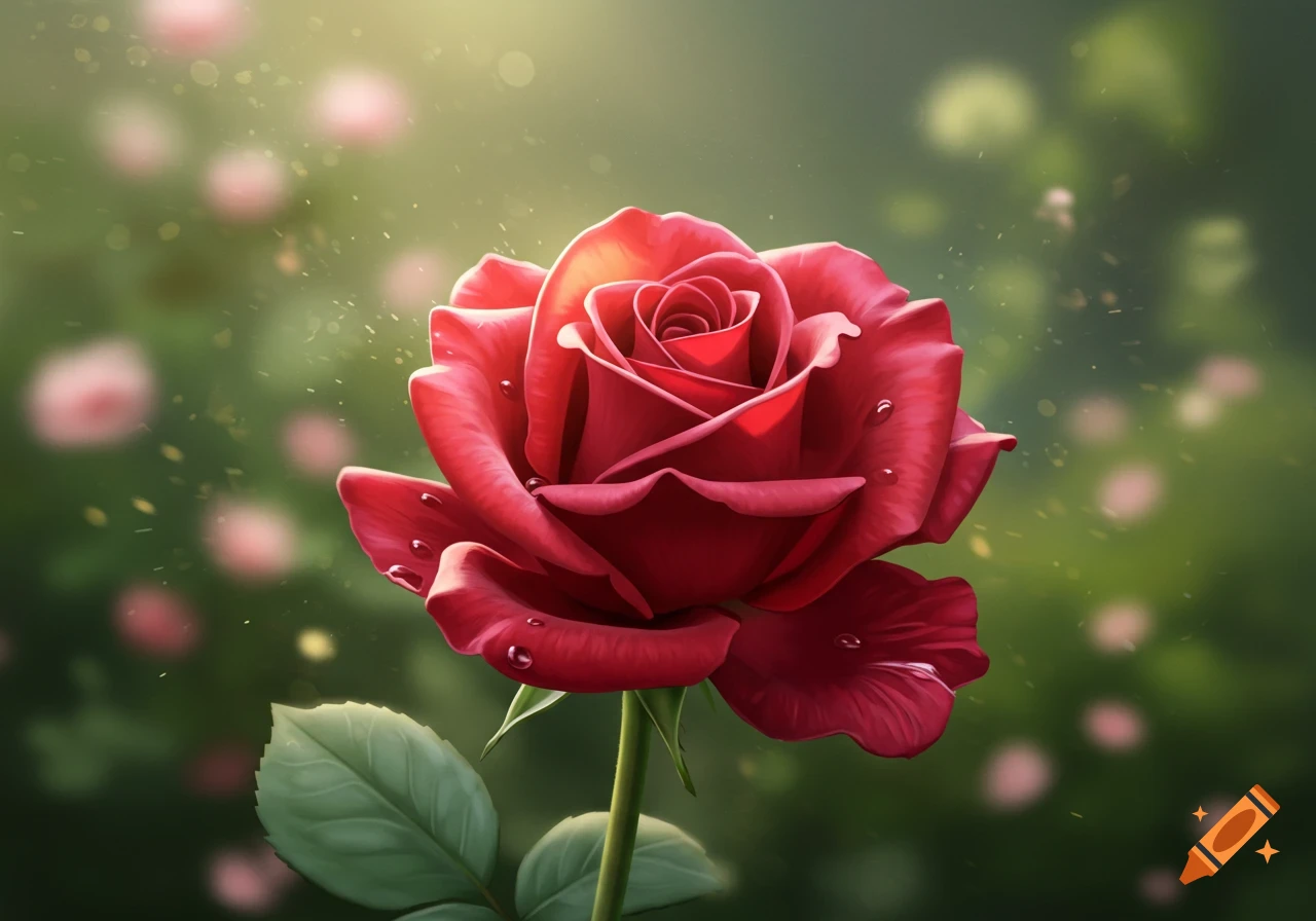 A vibrant red rose with dew drops, softly illuminated against a blurred green garden background with bokeh lights.