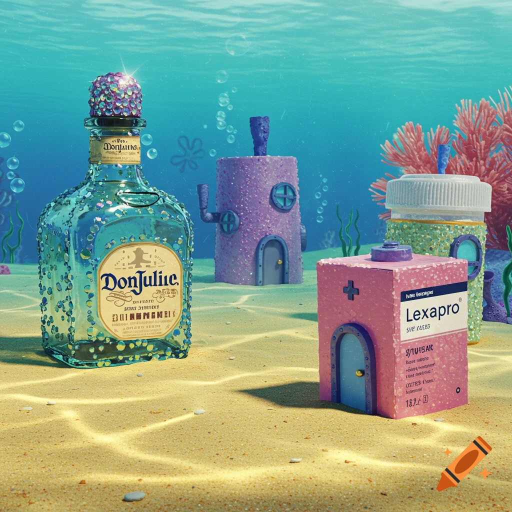 Bedazzled Don Julio bottle and Lexapro box houses on the sandy Spongebob ocean floor with coral and bubbles.