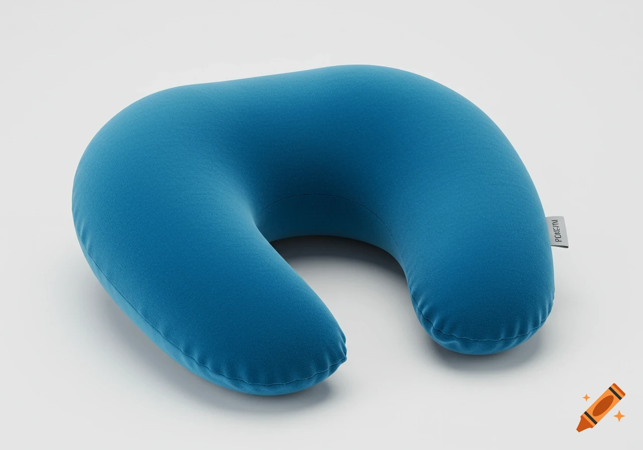 Vibrant blue U-shaped travel pillow with soft texture on a white background, studio shot.