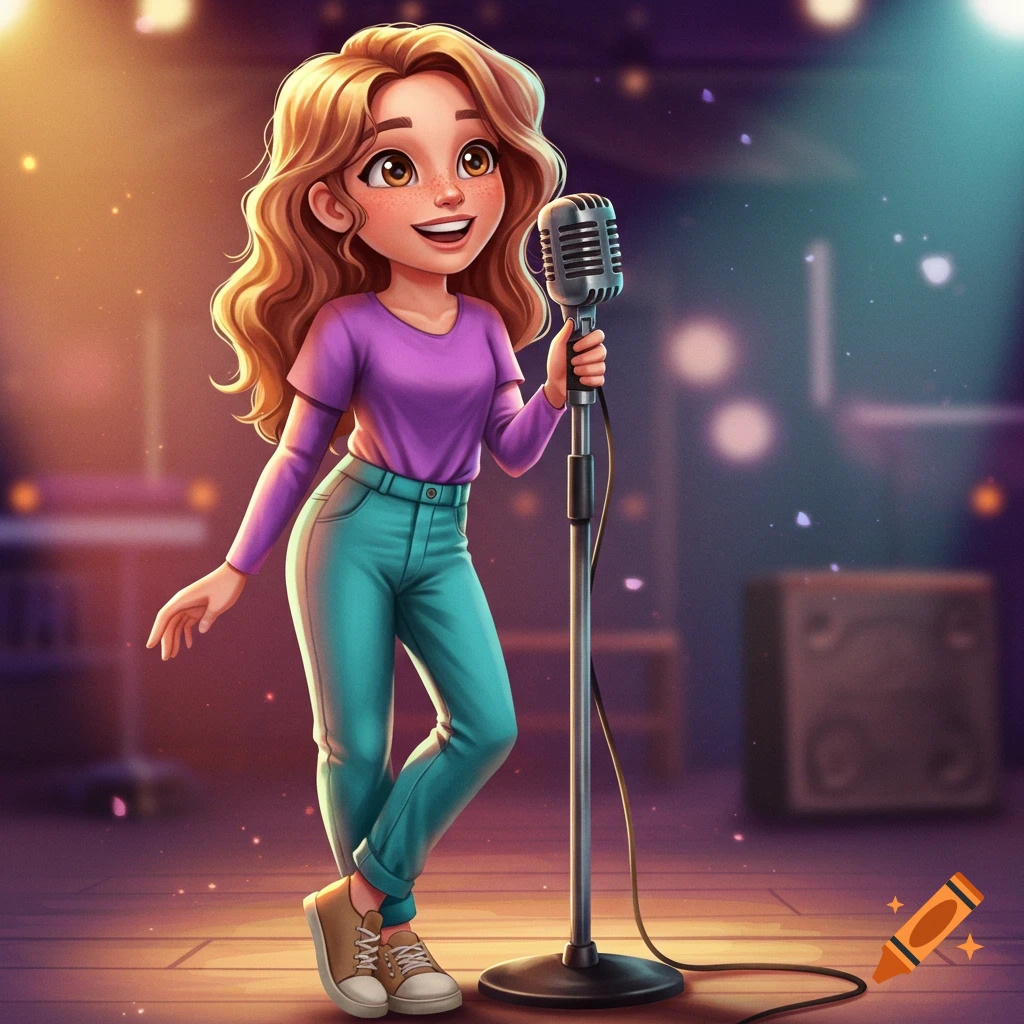 A cheerful cartoon girl with strawberry blonde hair, purple shirt, and teal pants holds a microphone on a stage with warm lighting.