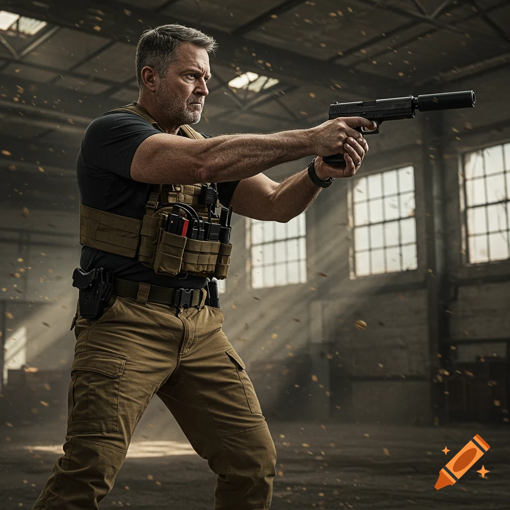A middle-aged man in tactical gear, wearing a dark shirt and tan pants, aims a handgun with a suppressor in a dusty, industrial warehouse.