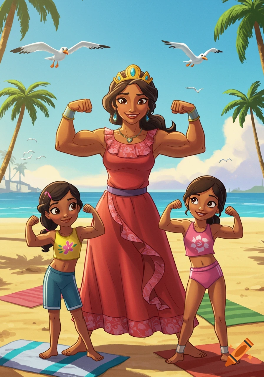 Cartoon of Elena of Avalor's mom and two daughters flexing their muscles on a sunny beach.