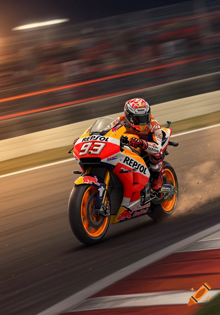 A motorcyclist in a red, white, and orange Repsol suit and helmet races a matching motorcycle with the number 93 on a track at dusk, with motion blur in the background.