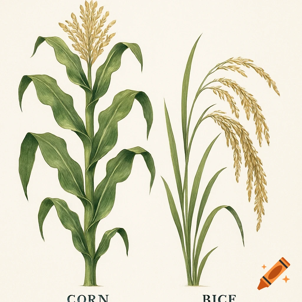 Botanical illustration of a labeled corn plant and a rice plant on a white background.