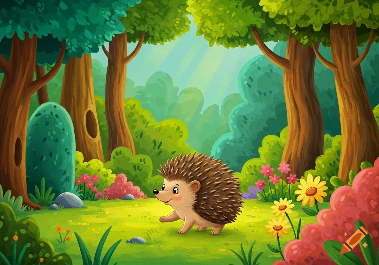 A cute cartoon hedgehog walks through a lush green forest with tall trees and colorful flowers.